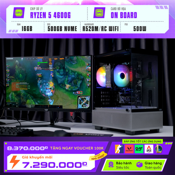 Bộ PC Gaming Ryzen 5 5500GT, RX Vega 7, RAM 16GB, SSD 500GB NVMe