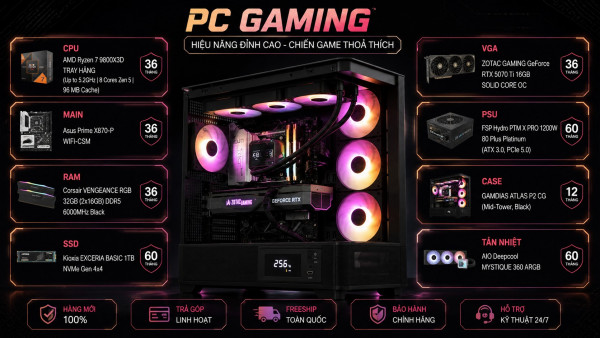 Bộ PC Gaming AMD Ryzen 7 9800X3D, RAM 32GB, RTX 5070 Ti 16GB