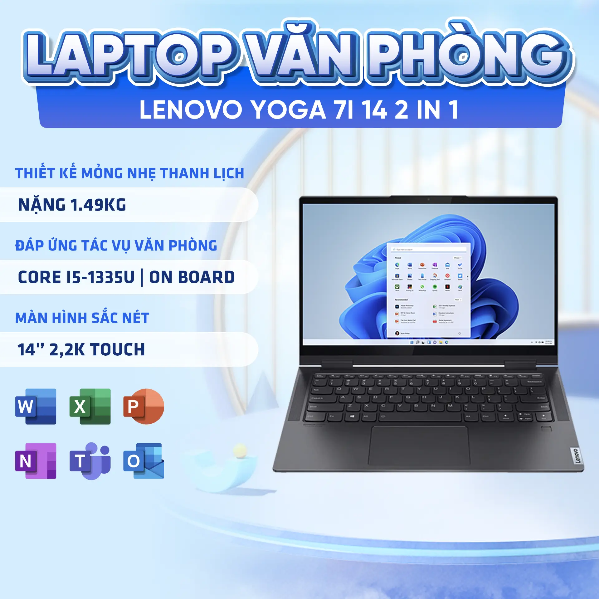 Laptop Lenovo Yoga 7i 14 2 in 1 (Core i5-1335U, Ram 8GB, SSD 512GB, Màn 14' 2,2K Touch) NK BH Tại NC