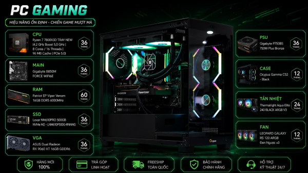 Bộ PC Gaming AMD Ryzen 7 7800X3D, RAM 16GB, RX 9060 XT 16GB