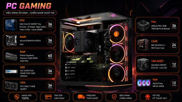 Bộ PC Gaming Intel Core i5-14400F, RAM 16GB, SSD 512GB, VGA RTX 5060 Ti 8GB
