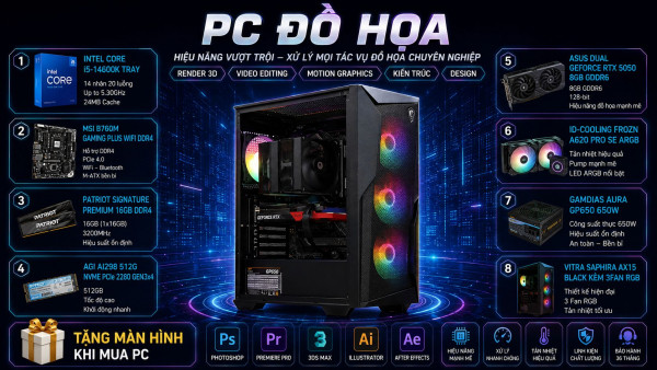 Bộ PC Đồ Họa Intel Core i5-14600K, Ram 16GB, RTX 5050 8GB [TẶNG MÀN HÌNH]