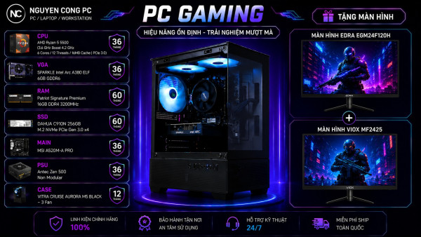 Bộ PC Gaming Ryzen 5 5500, Ram 16GB, SSD 256GB, VGA A380 6GB [TẶNG MÀN HÌNH]
