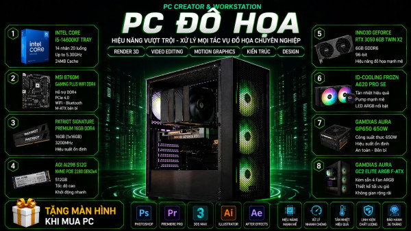 Bộ PC Đồ Họa Intel Core i5-14600KF, Ram 16GB, RTX 3050 6GB [TẶNG MÀN HÌNH]