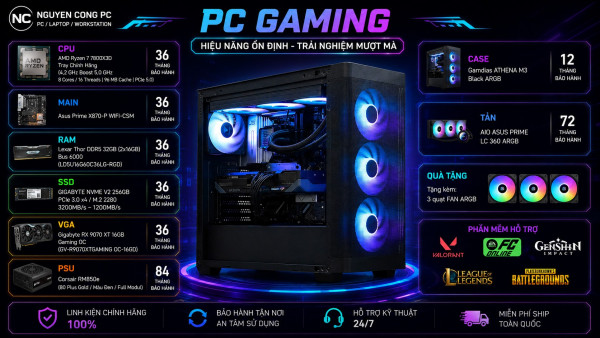 Bộ PC Gaming Ryzen 7 7800X3D, Ram 32GB, SSD 256GB, RX 9070 XT 16GB