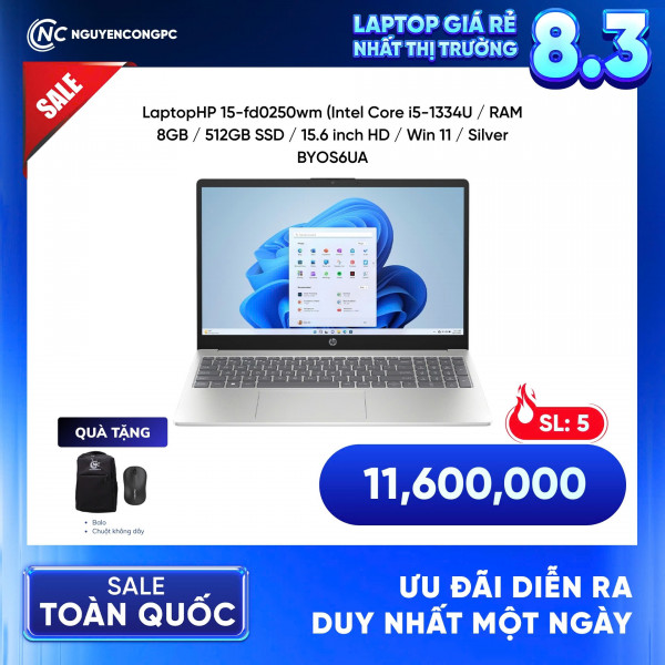 Laptop HP 15-fd0250wm (Core i5-1334U, 8GB RAM, 512GB SSD, 15.6 inch HD, Windows 11, Silver – BYOS6UA)