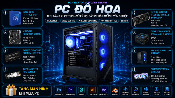 Bộ PC Đồ Họa Intel Core i7-14700F, Ram 16GB, RTX 5060 8GB [TẶNG MÀN HÌNH]