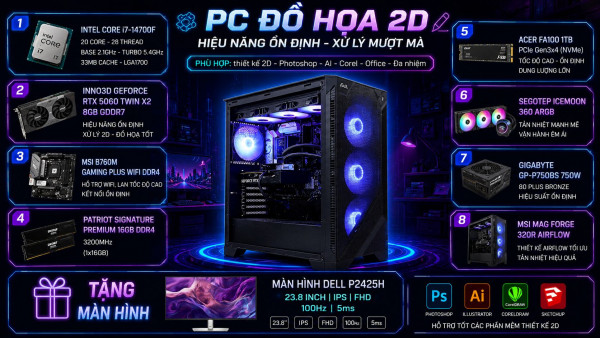 Bộ PC Đồ Họa Intel Core i7-14700F, Ram 16GB, RTX 5060 8GB [TẶNG MÀN HÌNH]