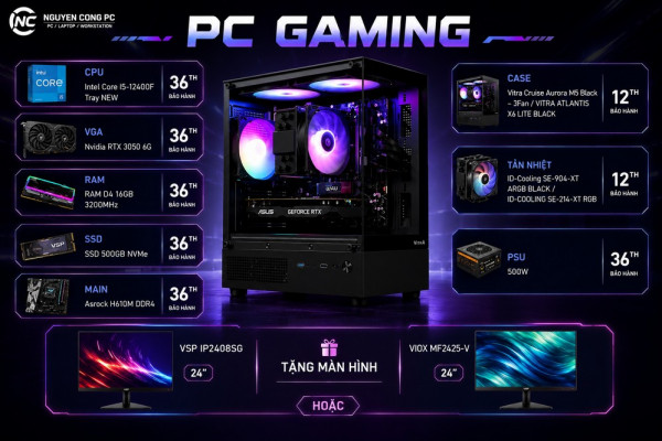 Bộ PC Gaming i5-12400F, RAM 16GB, RTX 3050 6GB [TẶNG MÀN HÌNH]