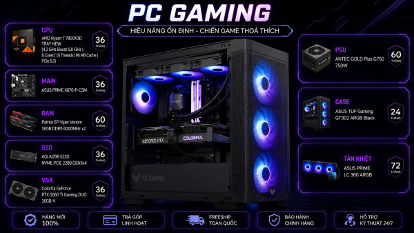 Bộ PC Gaming AMD Ryzen 7 7800X3D, RAM 16GB, RTX 5060 Ti 16GB