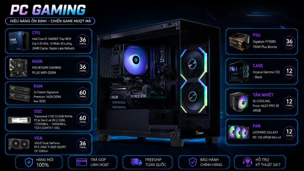 Bộ PC Gaming Intel Core I5-14600KF, RAM 32GB, RTX 5060 Ti 8GB