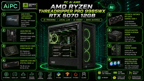 Bộ PC AI AMD Ryzen Threadripper PRO 9985WX, 512GB RAM DDR5, VGA RTX 5070 12GB