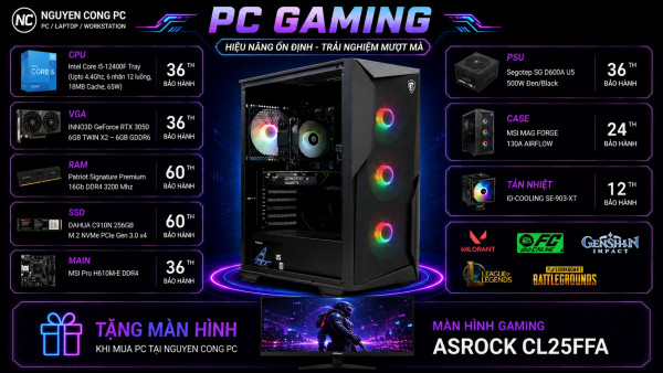 Bộ PC Gaming Intel i5 12400F, Ram 16GB, SSD 256GB, RTX 3050 6GB [TẶNG MÀN HÌNH]