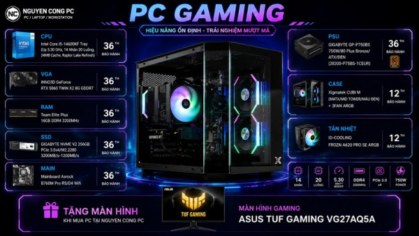 Bộ PC Gaming Intel i5 14600KF, Ram 16GB, SSD 256GB, RTX 5060 8GB [TẶNG MÀN HÌNH]