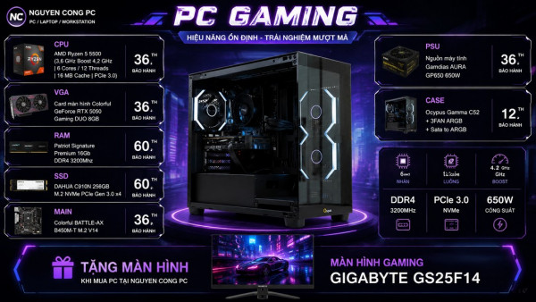 Bộ PC Gaming Ryzen 5 5500, Ram 16GB, SSD 256GB, RTX 5050 8GB [TẶNG MÀN HÌNH]