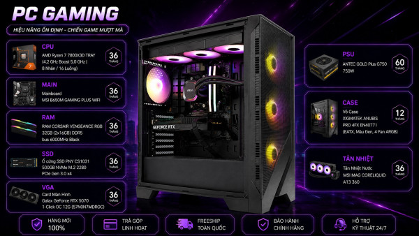 Bộ PC Gaming Ryzen 7 7800X3D, RAM 32GB, RTX 5070 12GB