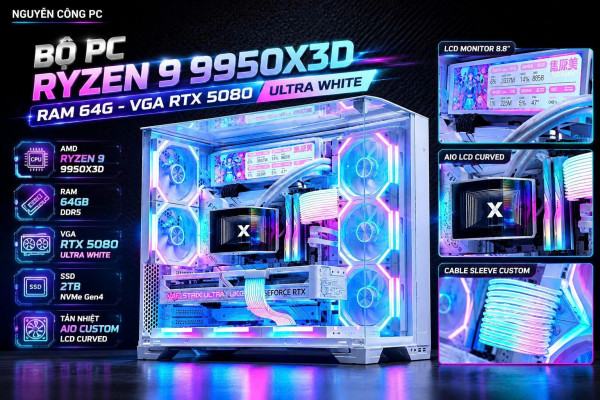 Bộ PC Gaming AMD Ryzen 9 9950X3D, RAM 64GB, VGA RTX 5080 16GB