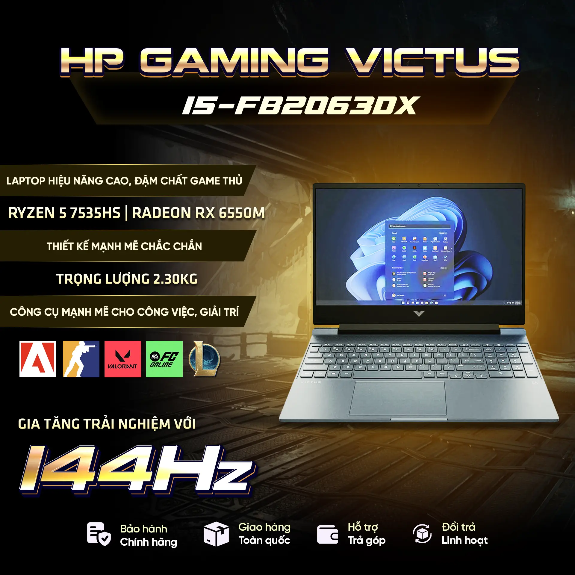 Laptop HP Gaming Victus 15-fb2063dx (AMD RYZEN 5 7535HS, 8GB, SSD 512GB, AMD Radeon RX 6550M, 15.6'' Full HD, IPS, 144Hz-MICA SILVER) - NK BH tại NC