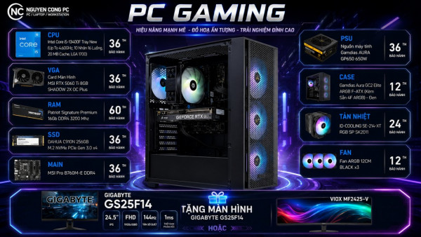 Bộ PC Gaming Intel i5 13400F, Ram 16GB, SSD 256GB, RTX 5060Ti 8GB [TẶNG MÀN HÌNH]