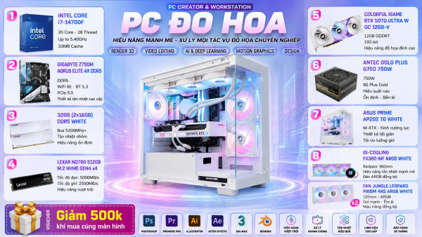 Bộ PC Đồ Hoạ Core i7-14700F, RAM 32GB DDR5, RTX 5070 Ultra White