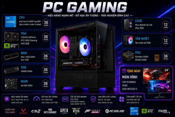 Bộ PC Gaming i5-12400F, RAM 16GB, RTX 5050 8GB [TẶNG MÀN HÌNH]