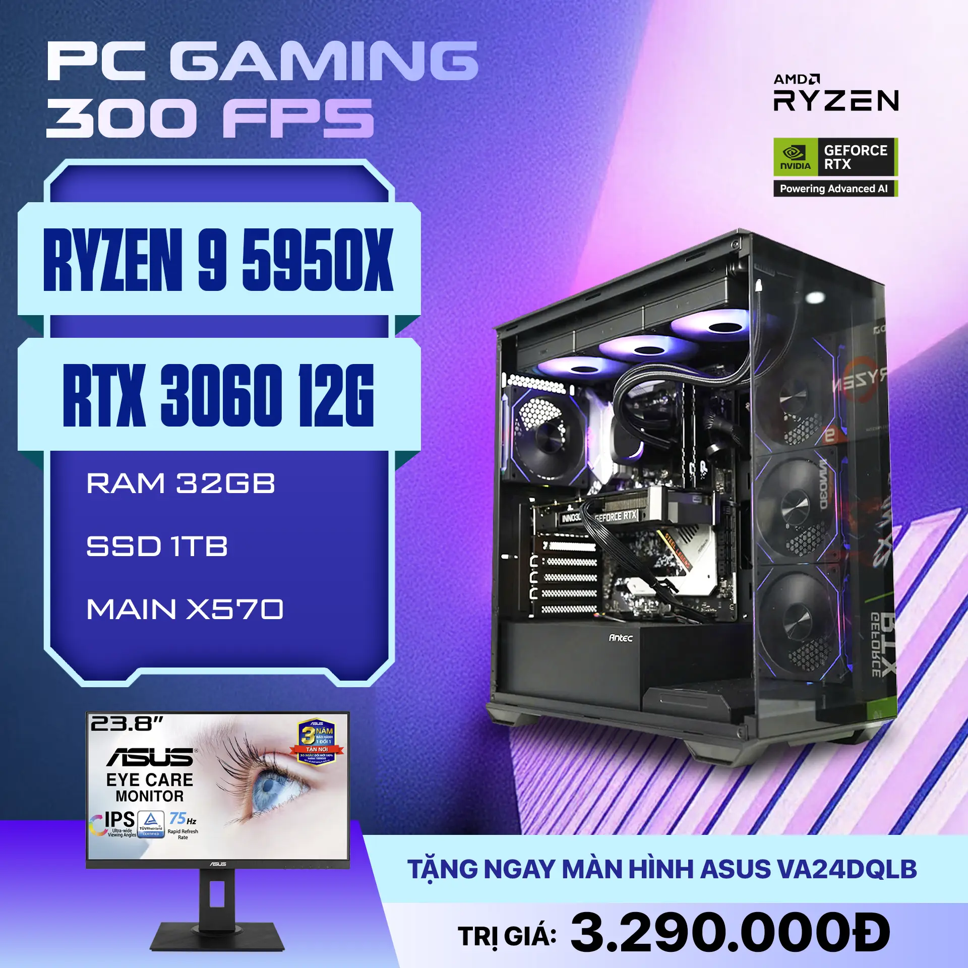 Bộ PC AMD Ryzen 9 5950X / RAM 32G / VGA RTX 3060 12G 