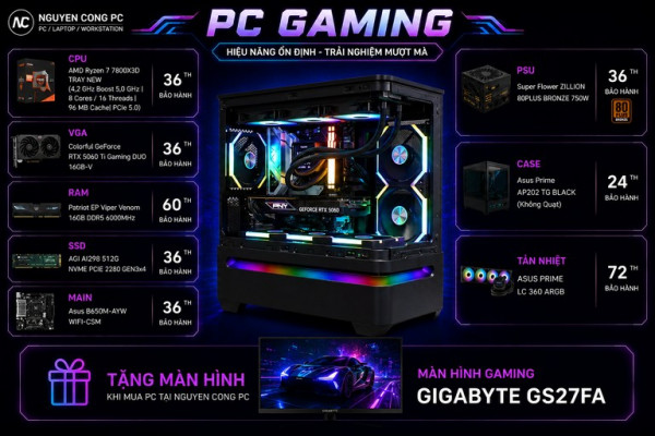 Bộ PC Gaming Ryzen 7 7800X3D, RAM 16GB, RTX 5060 Ti 16GB [TẶNG MÀN HÌNH]