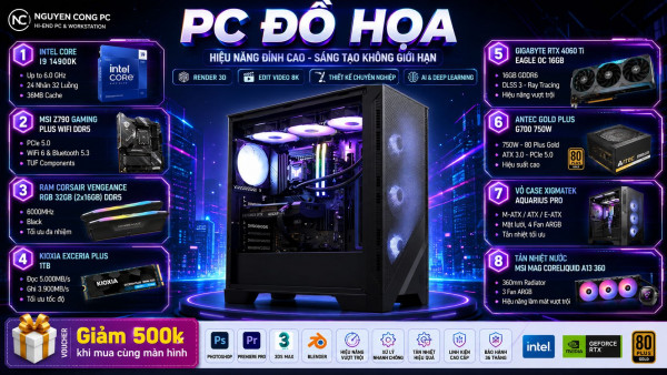 Bộ PC Đồ Hoạ Intel Core i9 14900K, RAM 32GB, RTX 5050 8GB