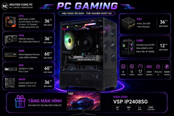 Bộ PC Gaming Ryzen 5 5500, Ram 16GB, SSD 256GB, RTX 3050 6GB [TẶNG MÀN HÌNH]