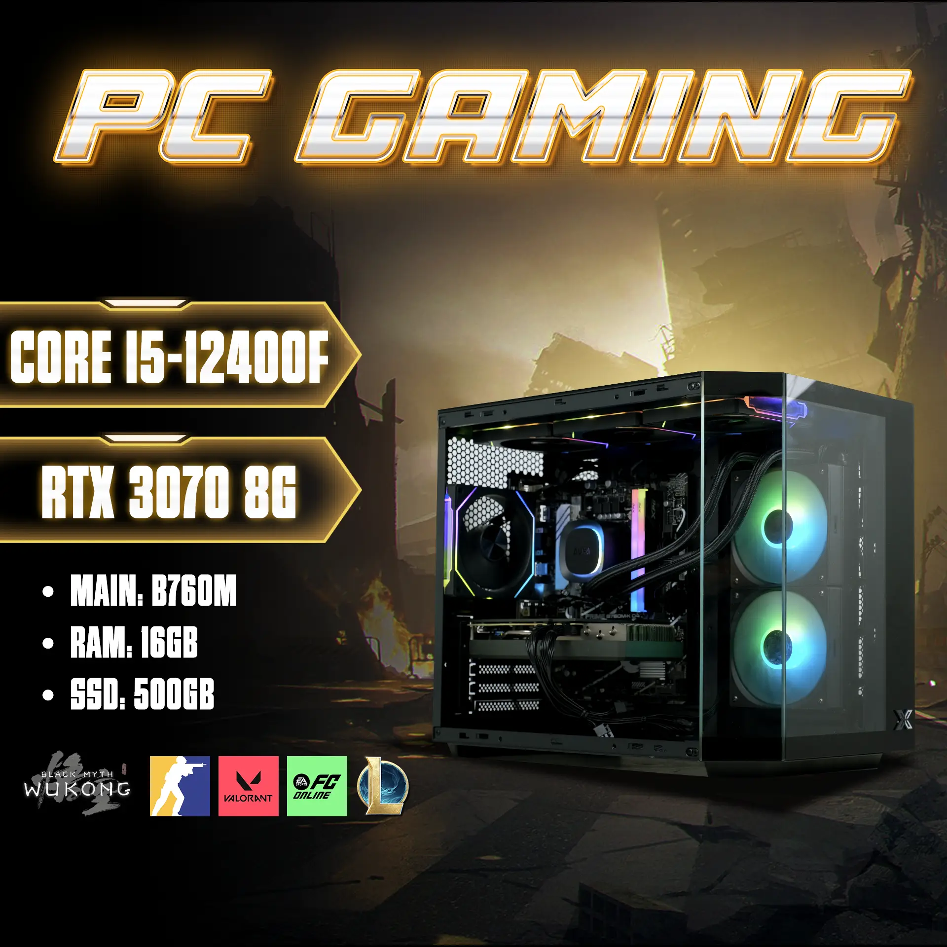 Bộ PC Gaming i5-12400F, RAM 16GB, RTX 3070 8GB