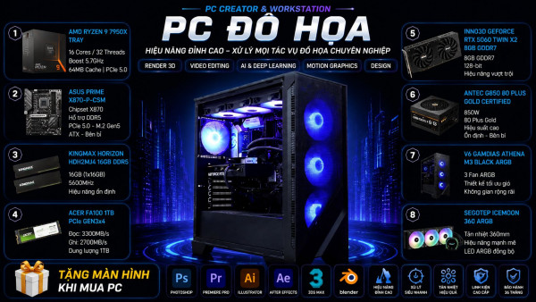 Bộ PC Đồ Họa Ryzen 9 7950X, Ram 16GB, RTX 5060 8GB [TẶNG MÀN HÌNH]