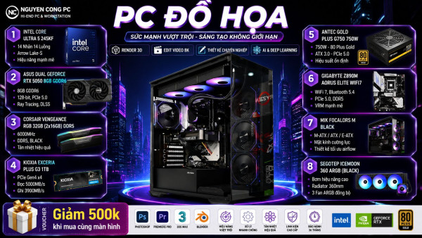 Bộ PC đồ họa Intel Core Ultra 5 245K, RAM 32G DDR5, VGA RTX 5050 8GB