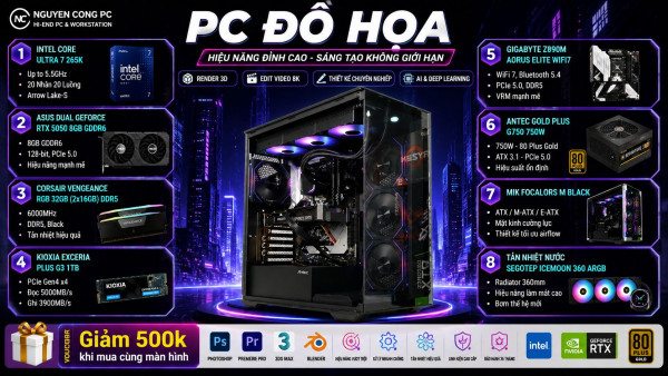 Bộ PC đồ họa Intel Core Ultra 7 265K, RAM 32G DDR5 RGB, VGA RTX 5050 8GB