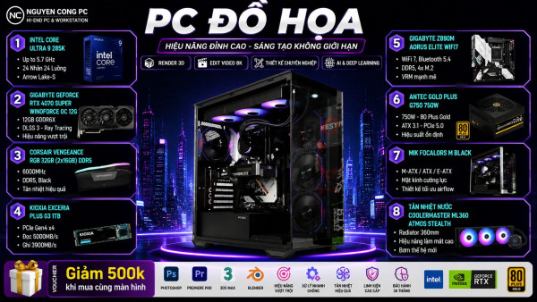 Bộ PC đồ họa Core Ultra 9 285K / RAM 32G DDR5 RGB / VGA RTX 4070 Super 