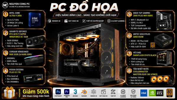 Bộ PC đồ họa Core Ultra 9 285K / RAM 32G DDR5 RGB / VGA RTX 4070 Ti Super 