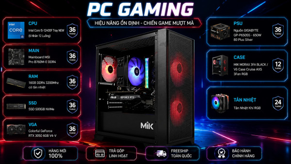 Bộ PC Gaming Core i5-12400F, RAM 16GB RGB, RTX 3050 6GB