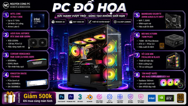 Bộ PC đồ họa Intel Core Ultra 9 285K, RAM 32GB, VGA RTX 5050 8GB