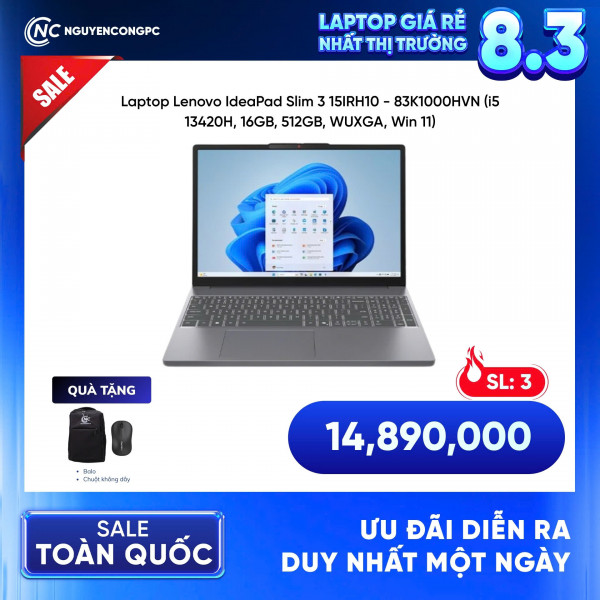 Laptop Lenovo IdeaPad Slim 3 15IRH10 – 83K1000HVN (Intel Core i5-13420H, 16GB RAM, 512GB SSD, 15.6 inch WUXGA, Windows 11)
