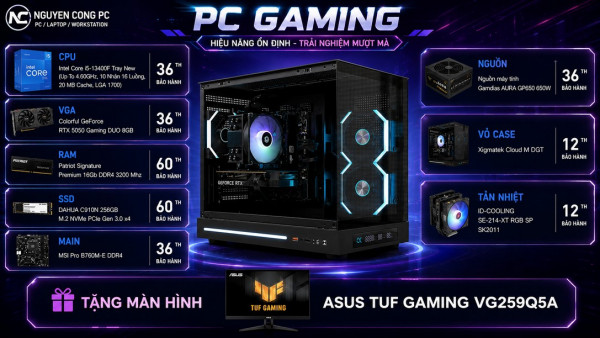 Bộ PC Gaming Intel i5 13400F, Ram 16GB, SSD 256GB, RTX 5050 8GB [TẶNG MÀN HÌNH]