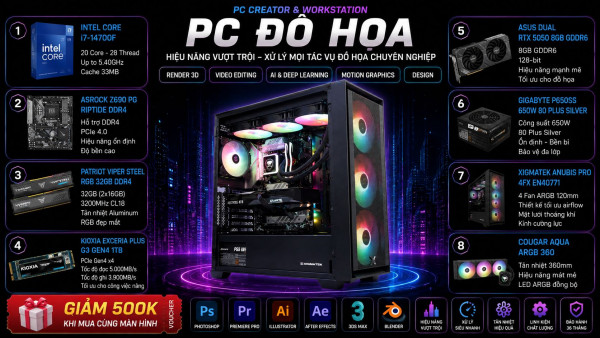 Bộ PC Đồ Họa Intel Core I7 14700F, RAM 32G, VGA RTX 5050 8GB
