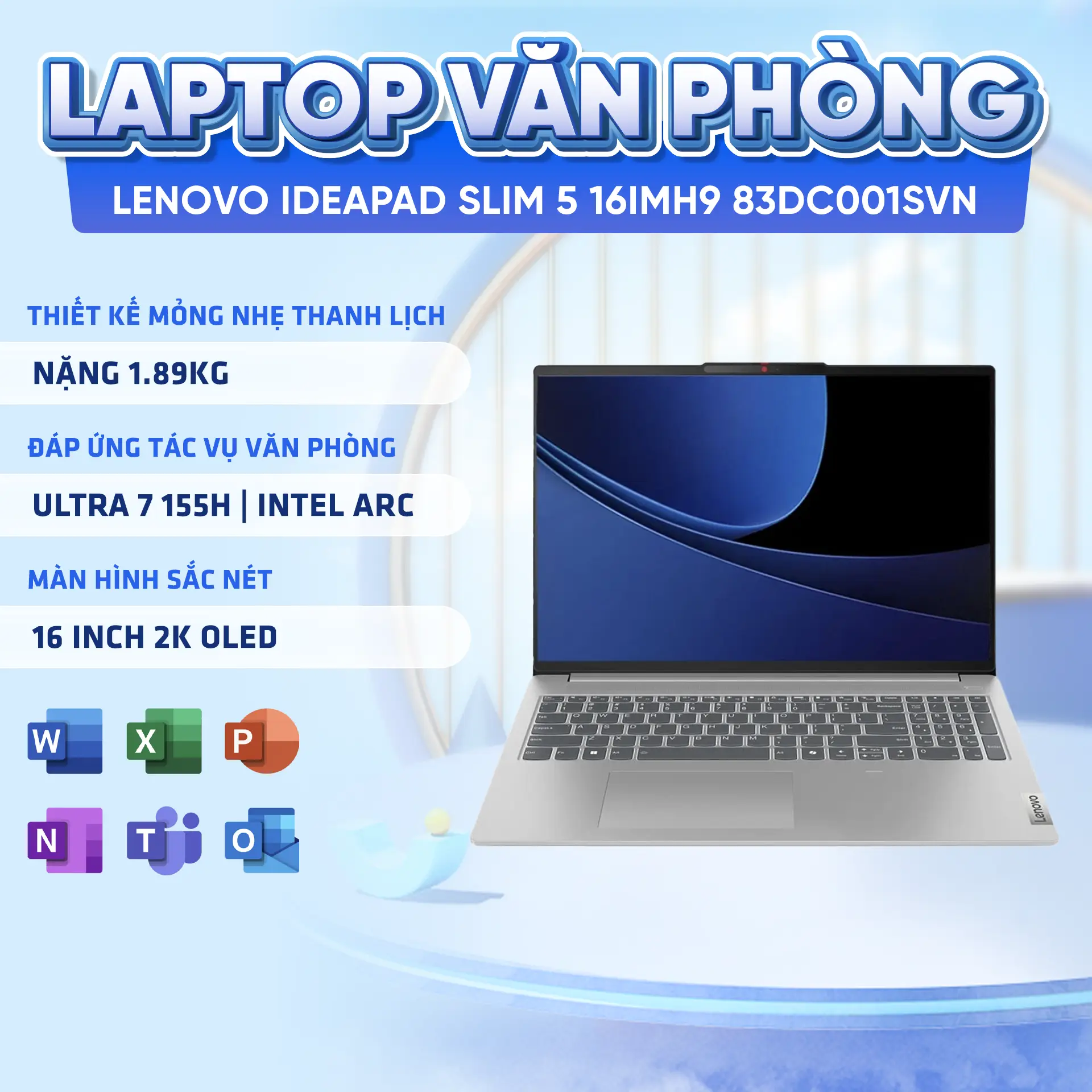 Laptop Lenovo IdeaPad Slim 5 16IMH9 83DC001SVN (Intel Core Ultra 7 155H | 32GB | 512GB | Intel Arc | 16 inch 2K OLED | Win 11 | Xám)