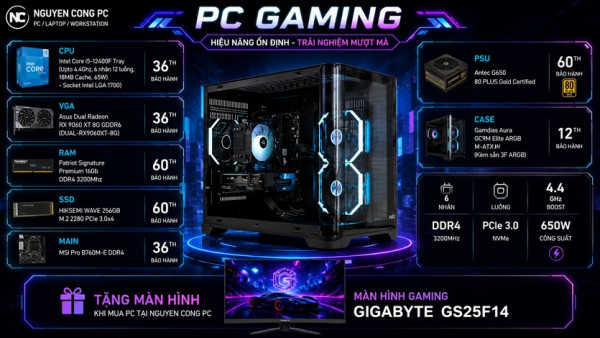 Bộ PC Gaming Intel i5 12400F, Ram 16GB, SSD 256GB, RX 9060XT 8GB [TẶNG MÀN HÌNH]