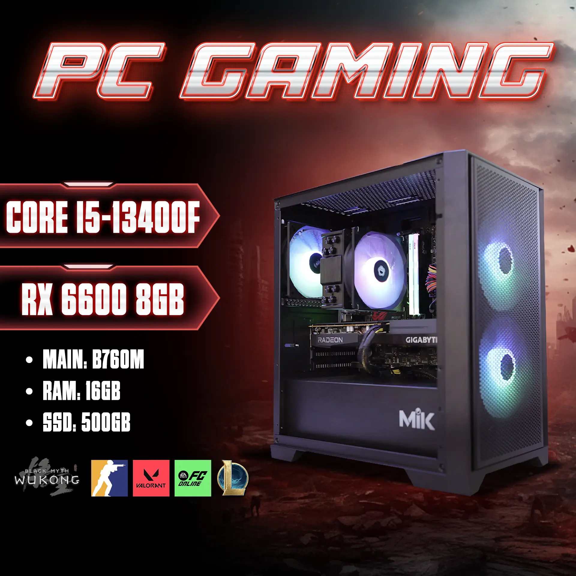 Bộ PC Gaming Core i5-13400F, RAM 16GB, GIGABYTE RX 6600 8GB