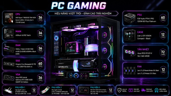 Bộ PC Gaming AMD Ryzen 7 9800X3D, RAM 64GB, RTX 5080 16GB