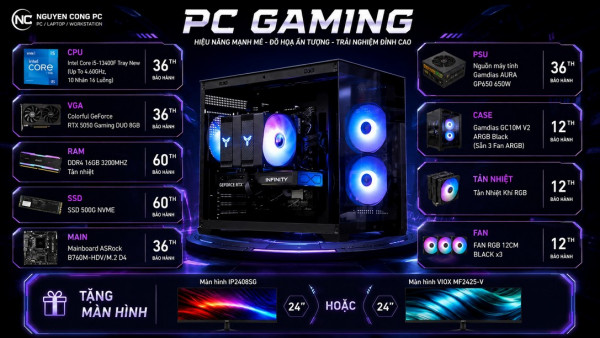 Bộ PC Gaming i5-13400F, RAM 16GB RGB, RTX 5050 8GB [TẶNG MÀN HÌNH]