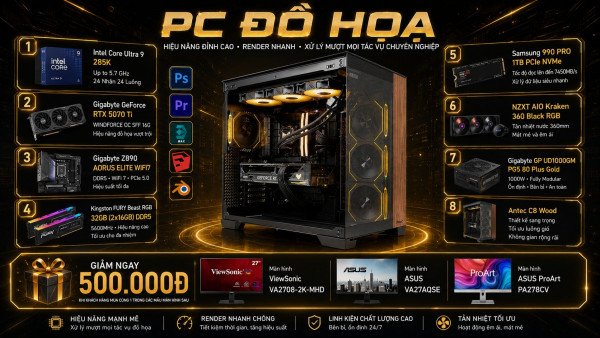 Bộ PC đồ họa Intel Core Ultra 9 285K / RAM 32G / VGA RTX 5070 Ti