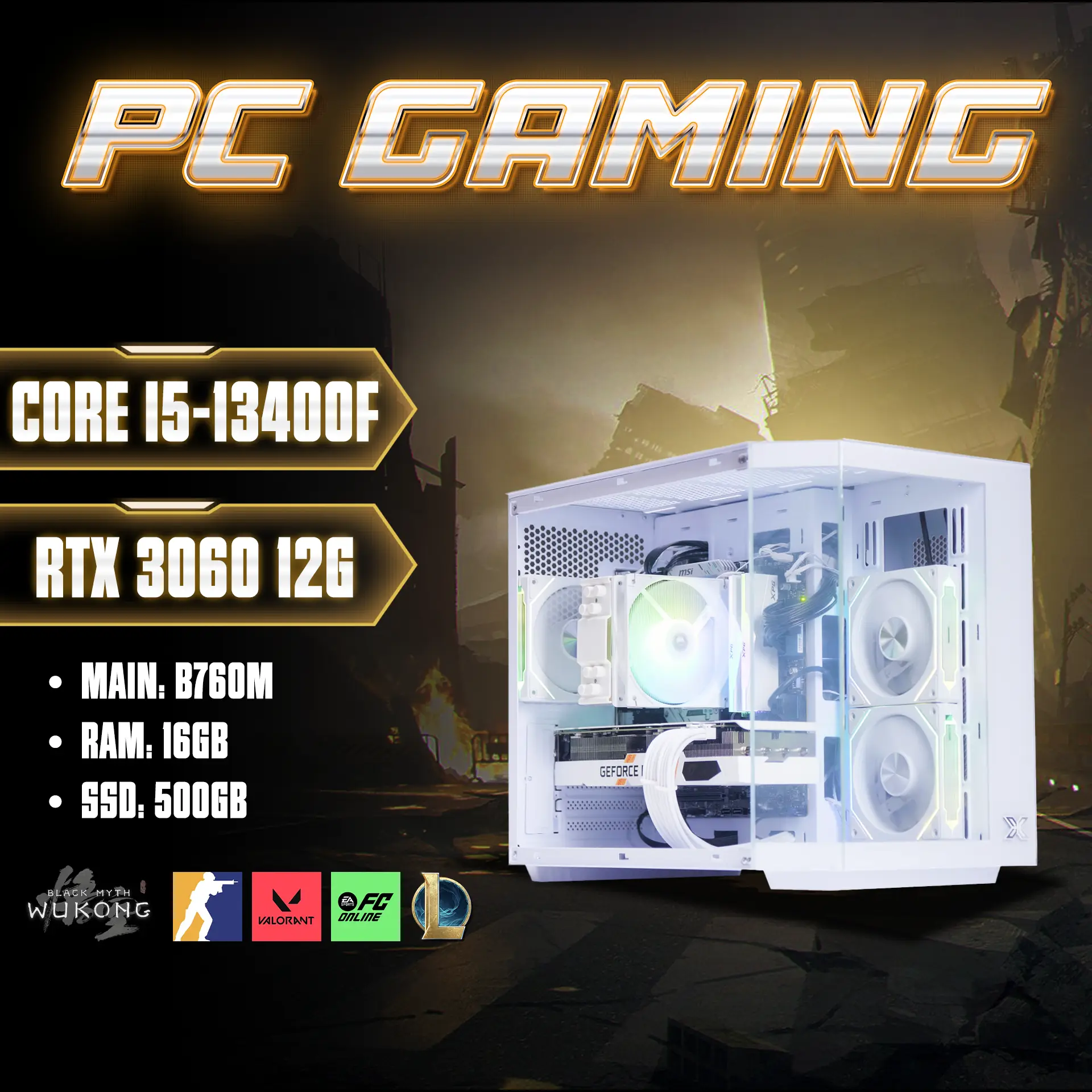 Bộ PC Gaming Core i5-13400F, RAM 16GB RGB, RTX 3060 12GB Ultra White