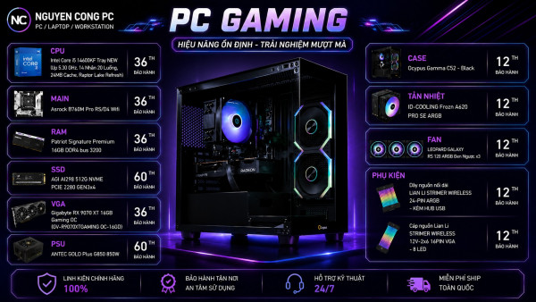 Bộ PC Gaming Intel Core i5 14600KF, RAM 32GB, VGA Radeon RX 9070 XT
