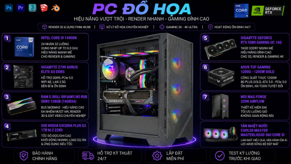 Bộ PC Đồ Hoạ Core i9-14900K, RAM 128GB, RTX 5080 16GB