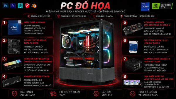 Bộ PC Đồ Hoạ Core i9-14900K, RAM 64GB, RTX 5070 Ti 16GB